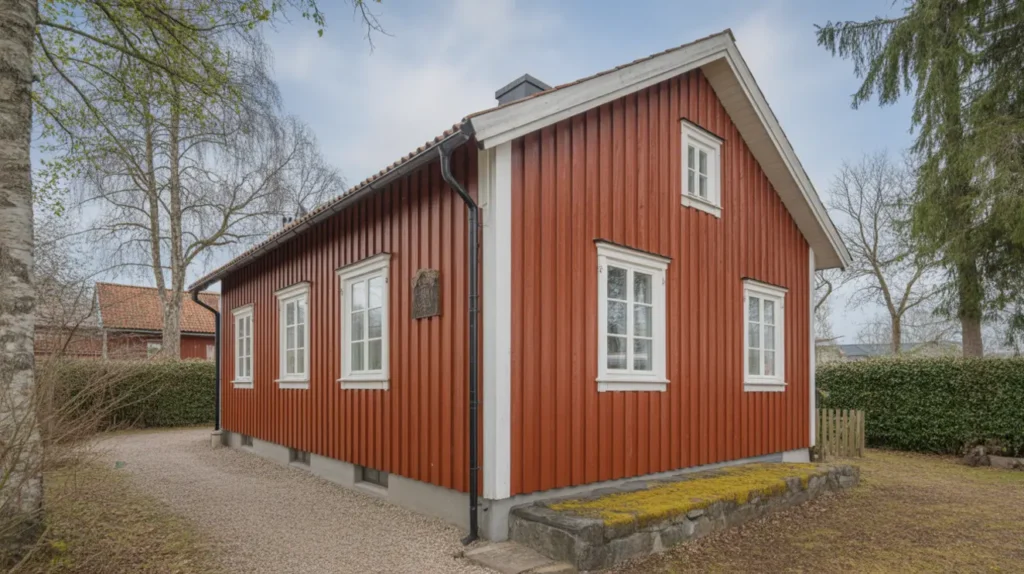 tr fasad m lades med linoljef rg i gribbylund t by